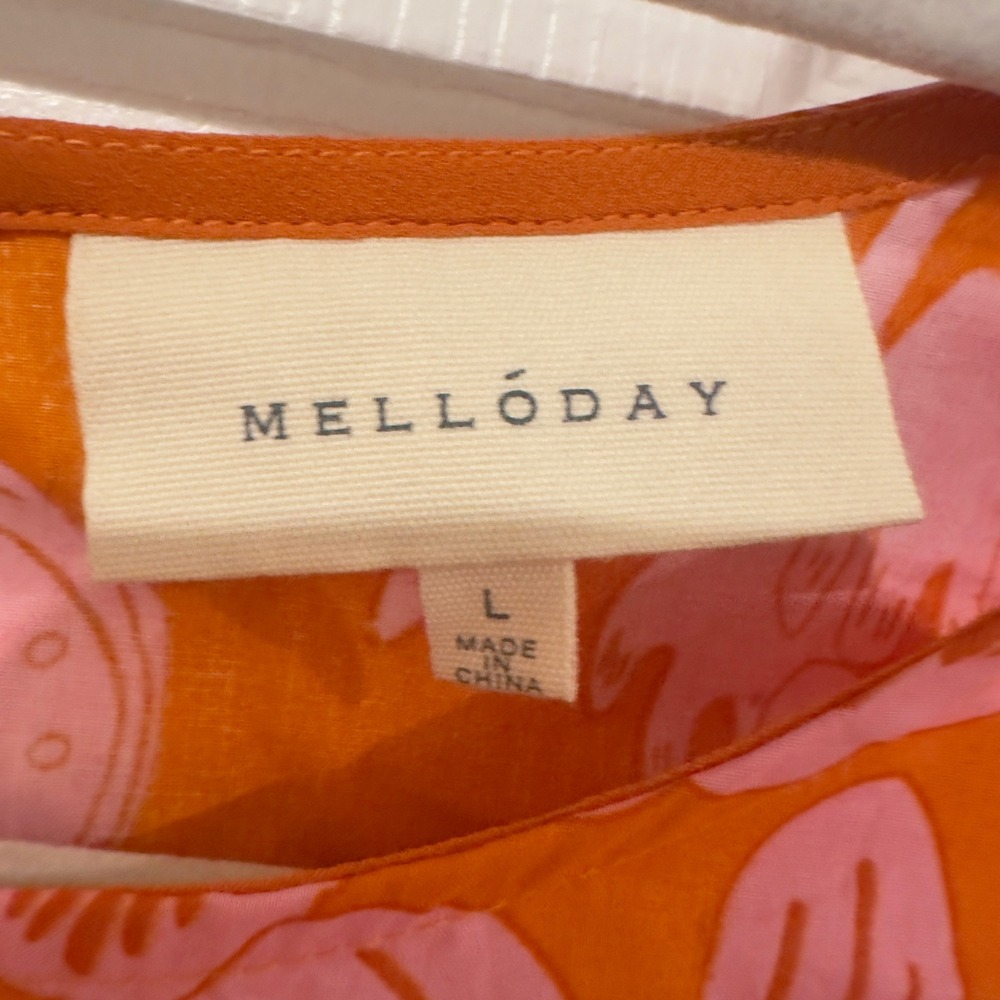 Melloday Womens Pink Orange Floral Puff Sleeve Peplum Tie Front Blouse Large - Picture 3 of 7